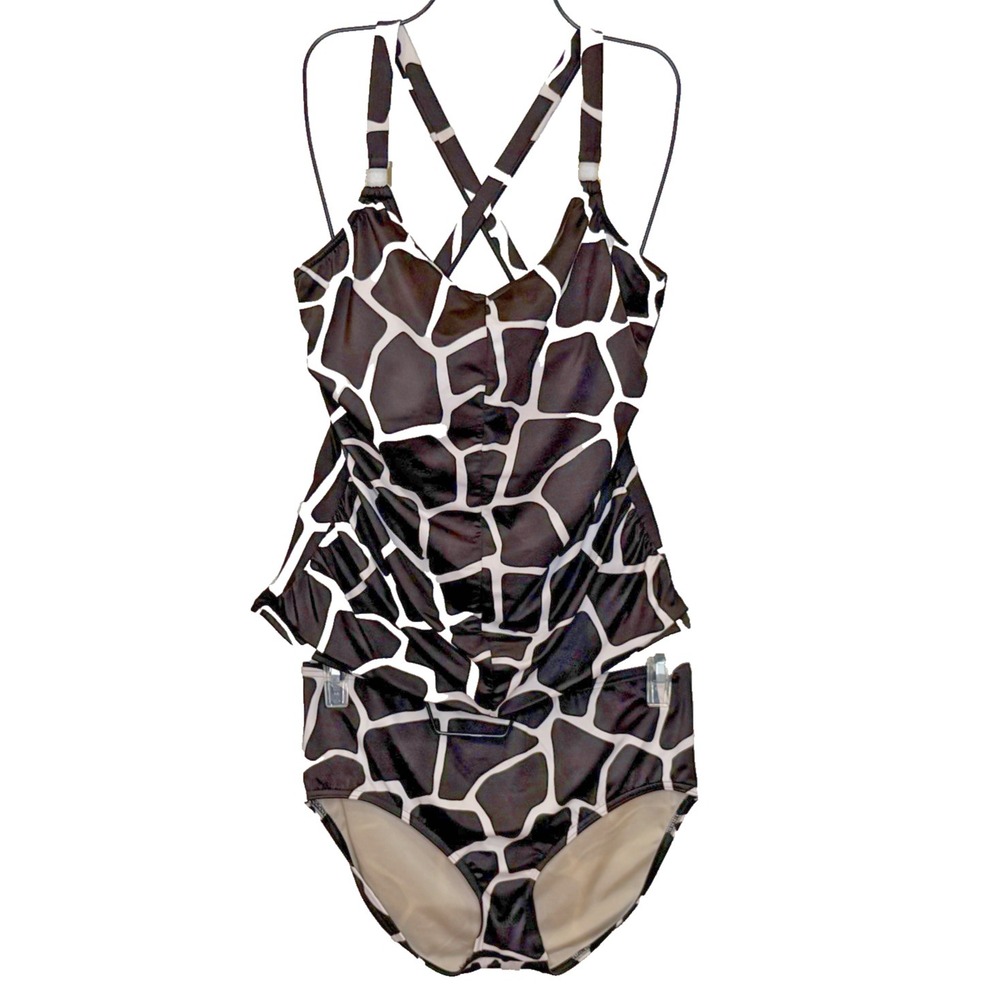 Lands' End 2 Piece Swimsuit Size 14 Brown Animal Print Tankini Top Bikini Bottom